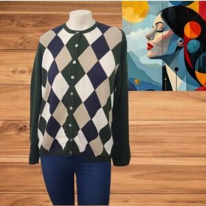 Karen Scott Argyle Knit Cardigan‎ Sweater Women's  Multicolor Sz M